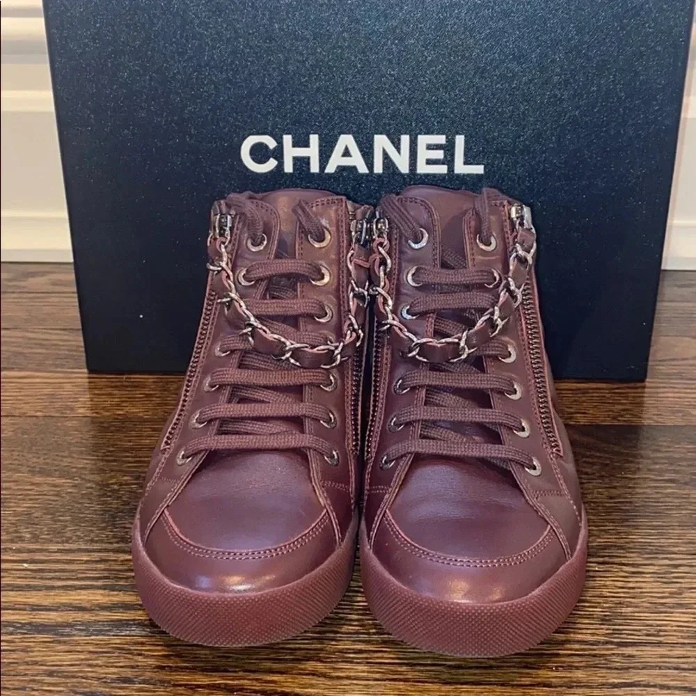 Chanel Burgundy Lambskin Skin Sneakers
